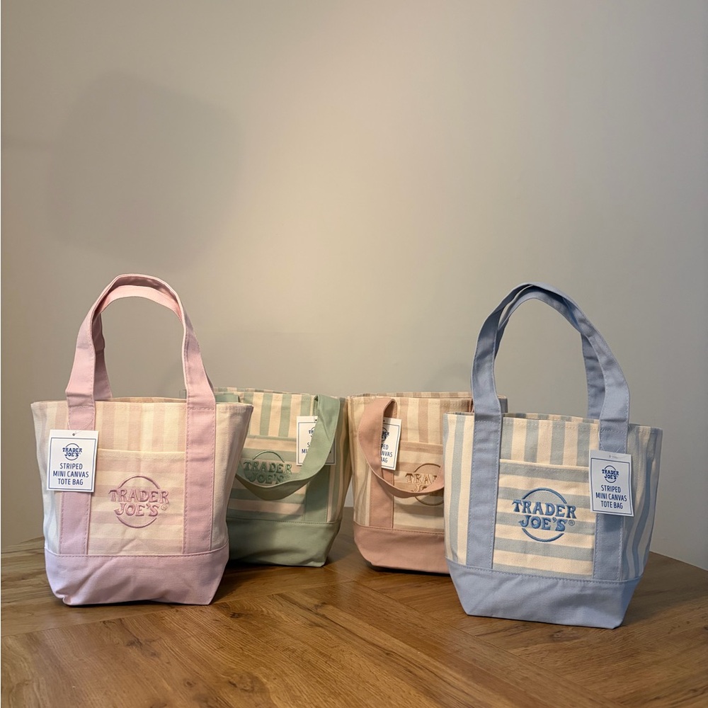 Set of 4 Trader Joe's Striped Canvas Tote — Pastel Pink, Blue, Mint, Peach